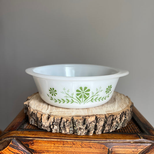 Vintage '60s Glasbake Milk Glass Green Daisy Casserole Dish
