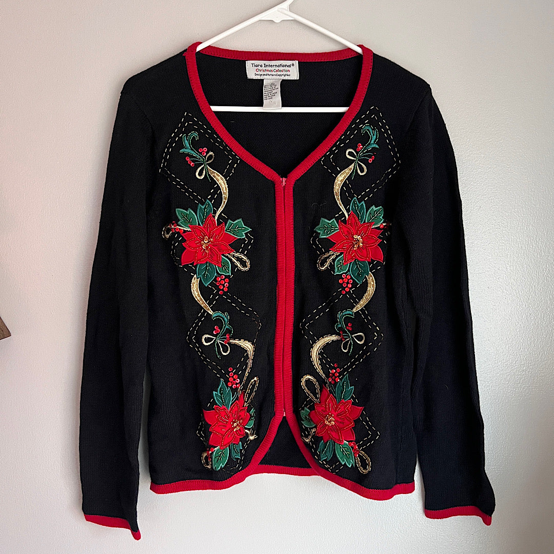 Vintage Tiara International Beaded Embroidered Christmas Zip Up Sweater