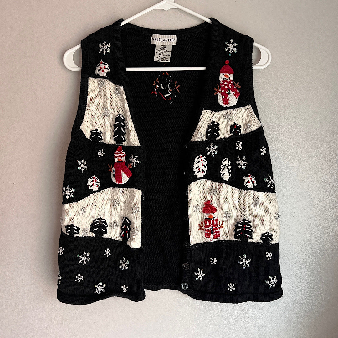Vintage White Stag Snowman Trees Embellished Knit Christmas Vest