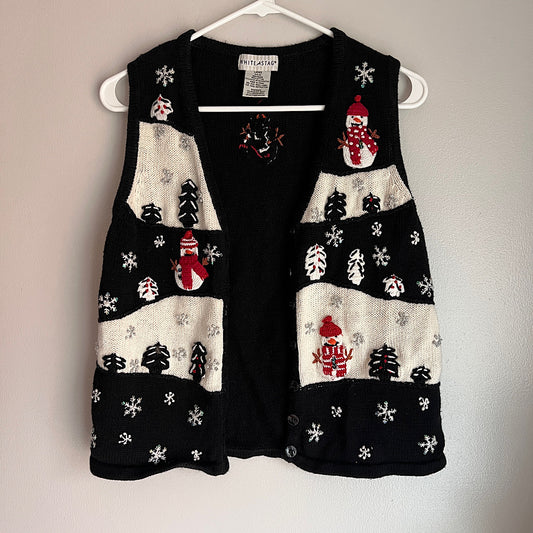 Vintage White Stag Snowman Trees Embellished Knit Christmas Vest