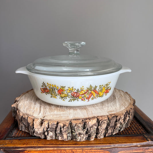 Vintage Harvest Vegetables Milk Glass Baking Dish With Lid