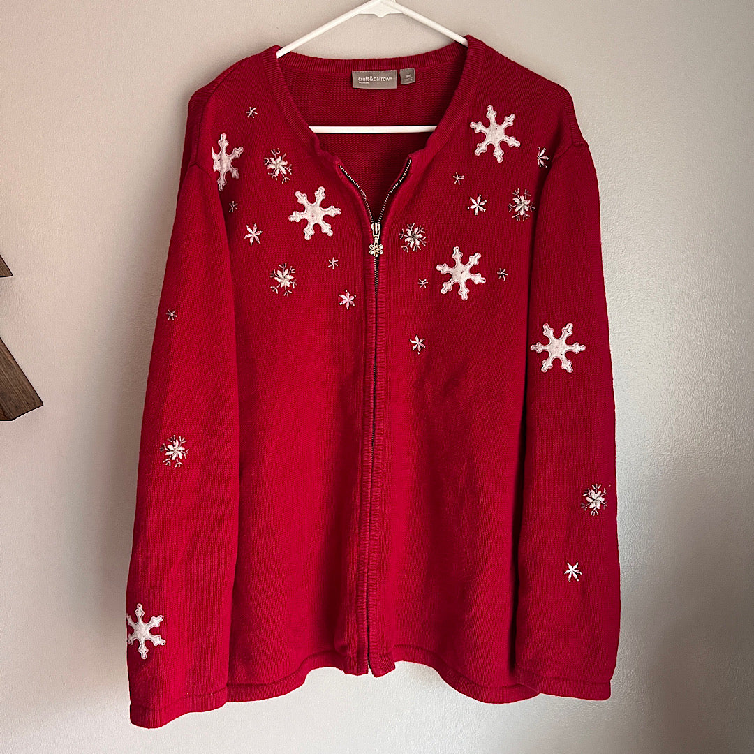 Vintage Croft & Barrow Woman Embroidered Beaded Snowflake Zip Up Sweater