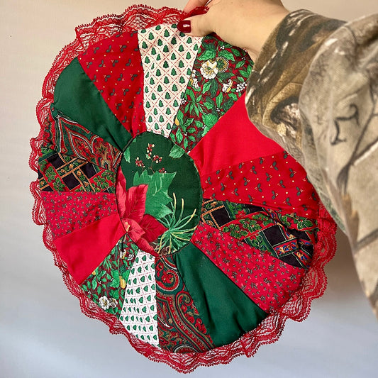 Vintage Handmade Mini Quilted Christmas Tree Skirt (Reversible)