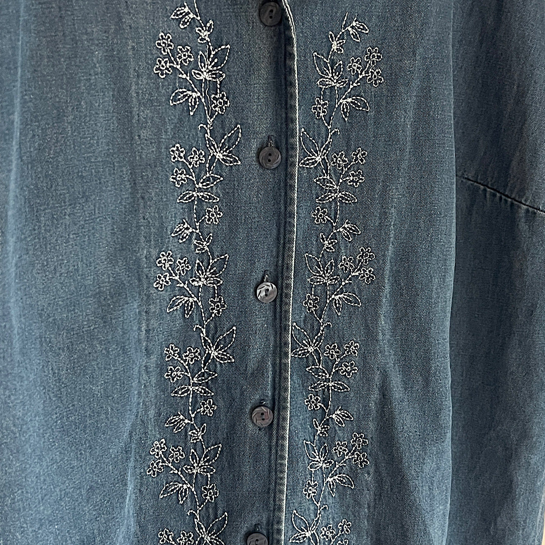 Vintage Elisabeth Floral Embroidered Denim T-Shirt Button Up