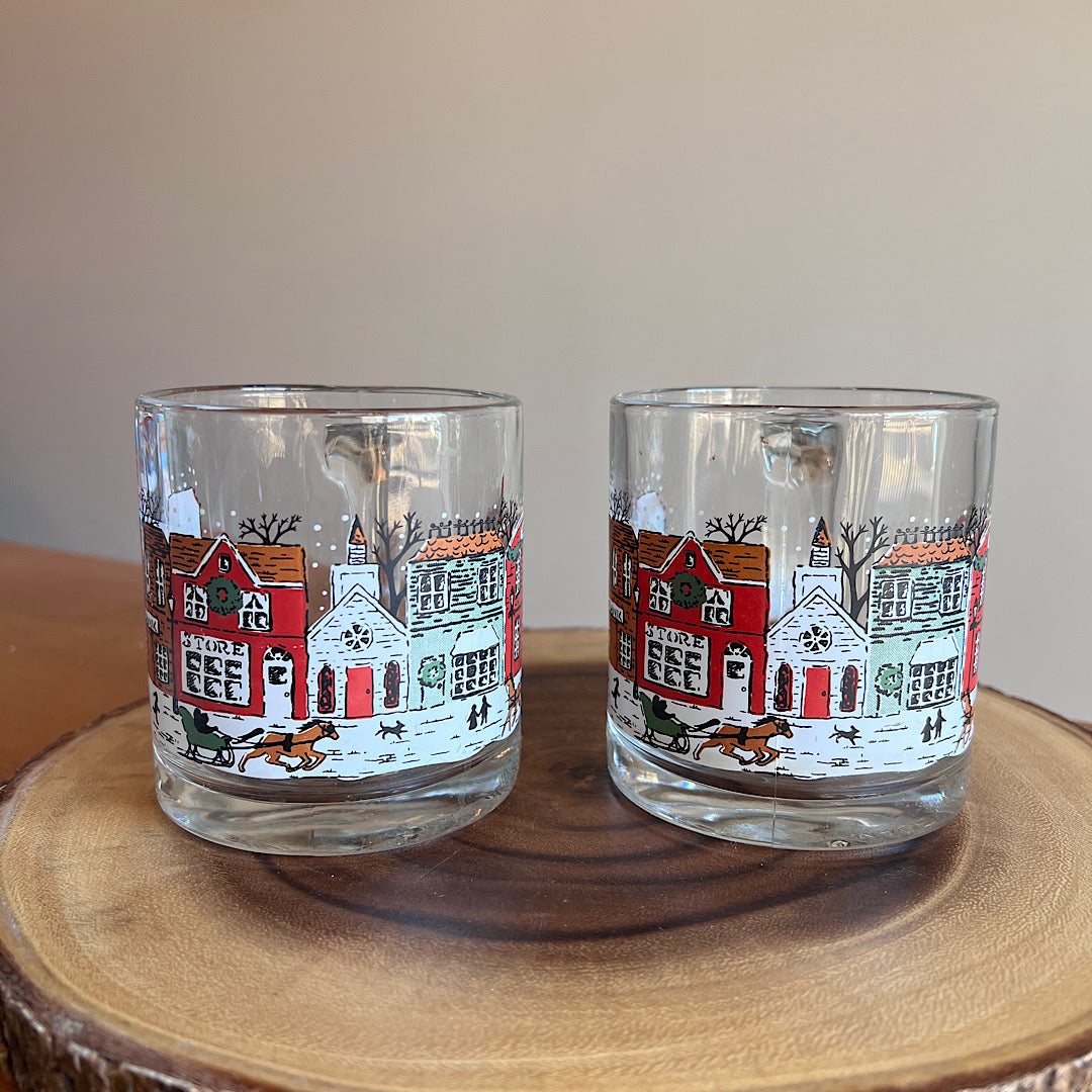 Vintage Christmas Town Glass Mugs (Set of 2)