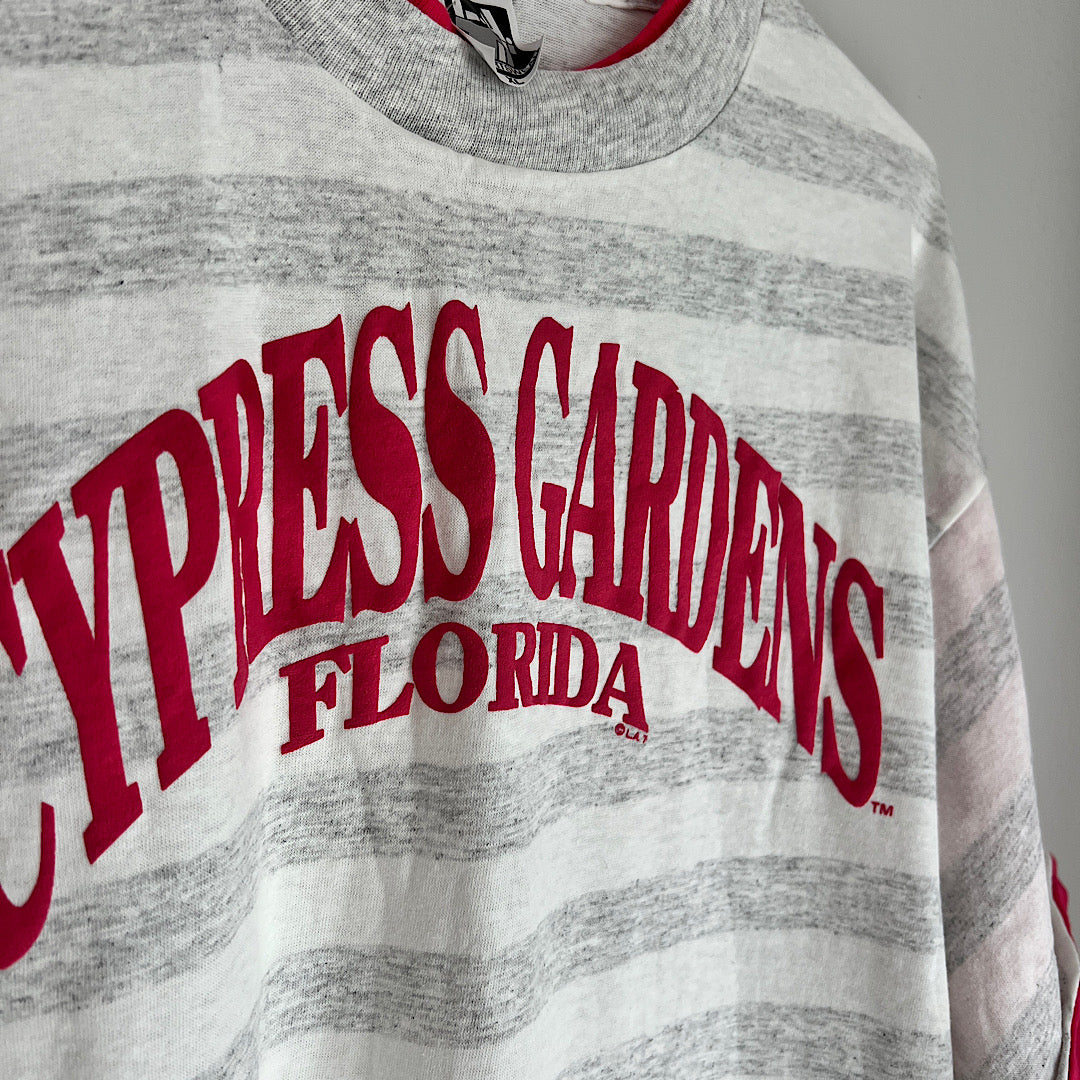 Vintage L.A.T Sportswear Cypress Gardens Florida Hot Pink Double Collar Striped Tee
