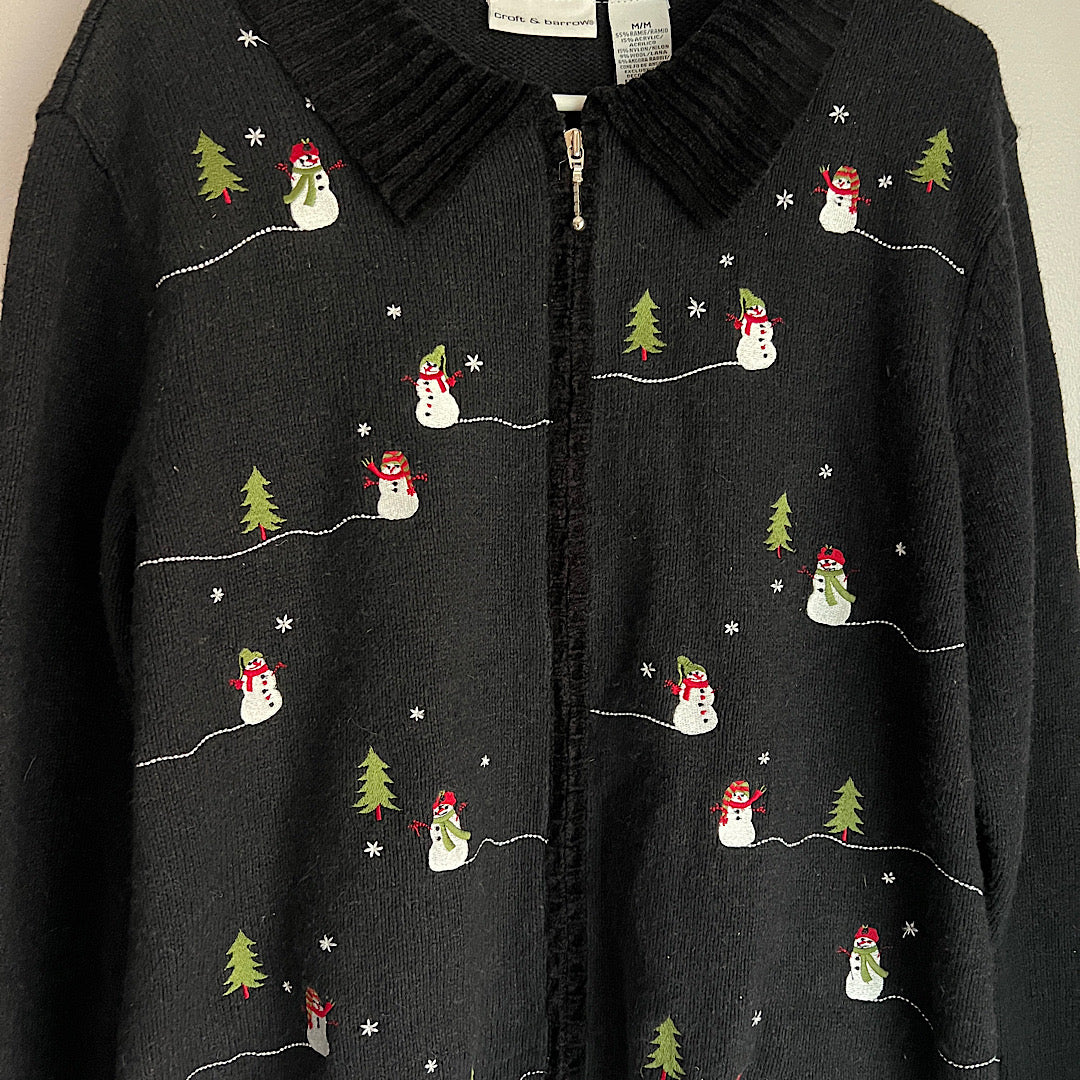 Vintage Croft & Barrow Snowman Embroidered Zip Up Christmas Sweater