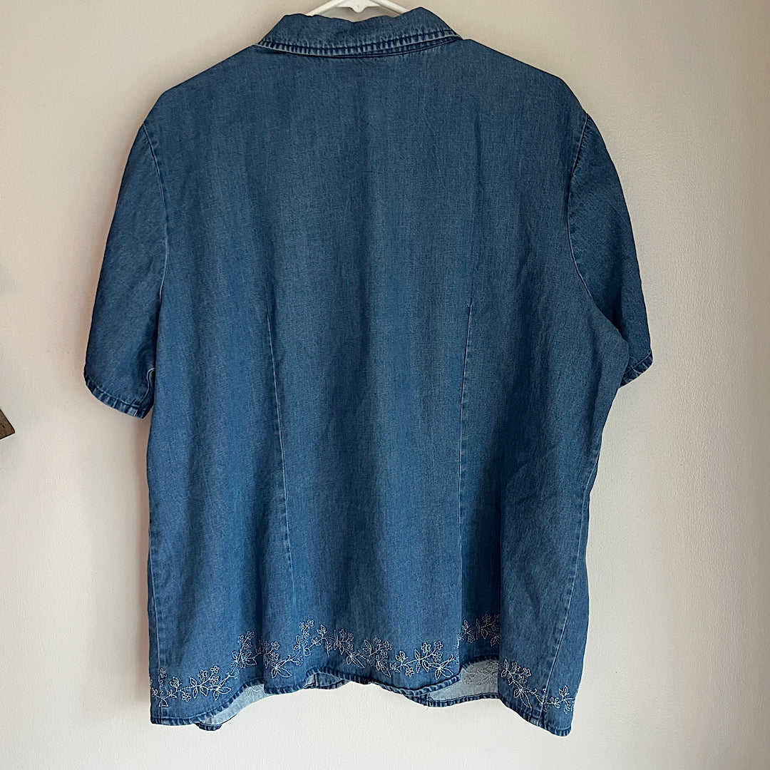 Vintage Elisabeth Floral Embroidered Denim T-Shirt Button Up