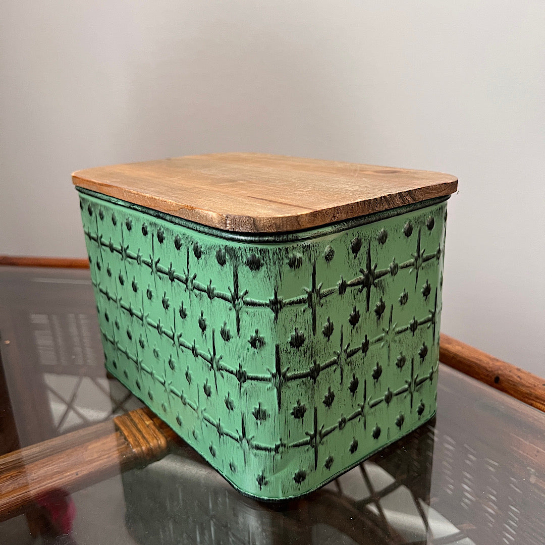 Green Decorative Tin Box with Wood Lid