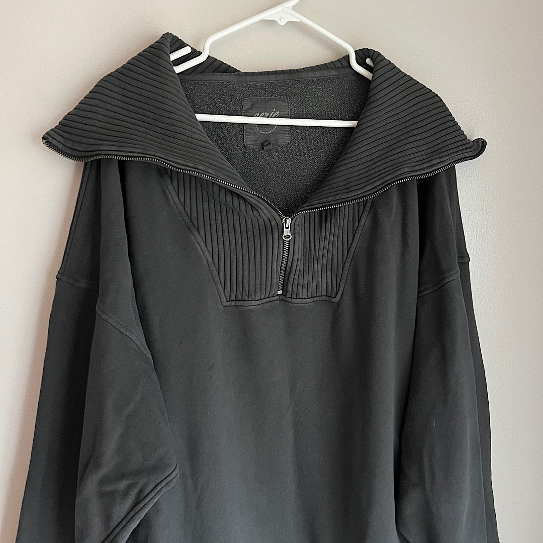 Aerie 1/4 Zip Ribbed Collar Charcoal Pullover Sweatshirt