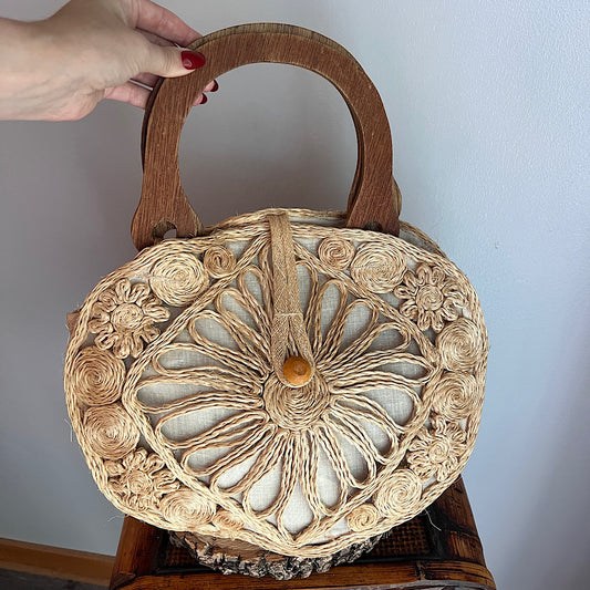 Vintage Hand Woven Straw Bag with Wooden Handles