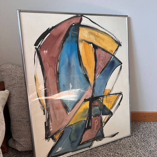 Vintage Hand Painted Abstract Artwork in Metal Frame (28"x23") LOCAL PICKUP ONLY