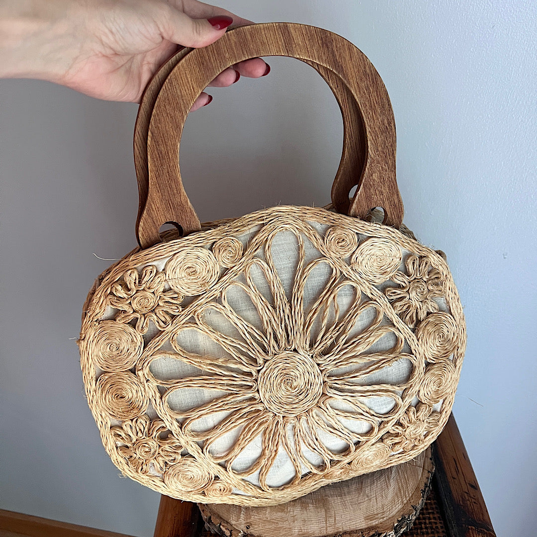 Vintage Hand Woven Straw Bag with Wooden Handles