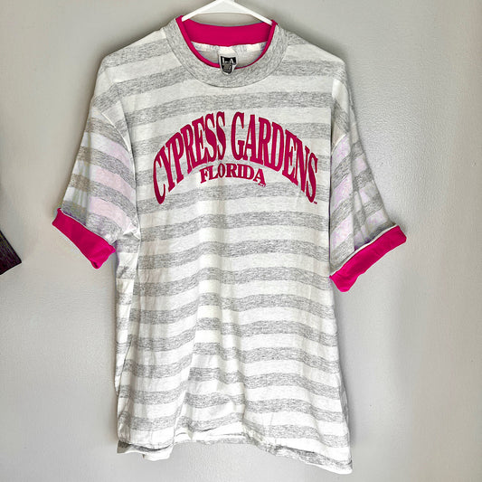 Vintage L.A.T Sportswear Cypress Gardens Florida Hot Pink Double Collar Striped Tee