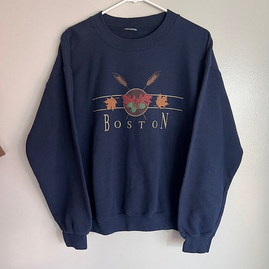 Vintage Boston Fall Leaves Graphic Crewneck Sweatshirt (navy)