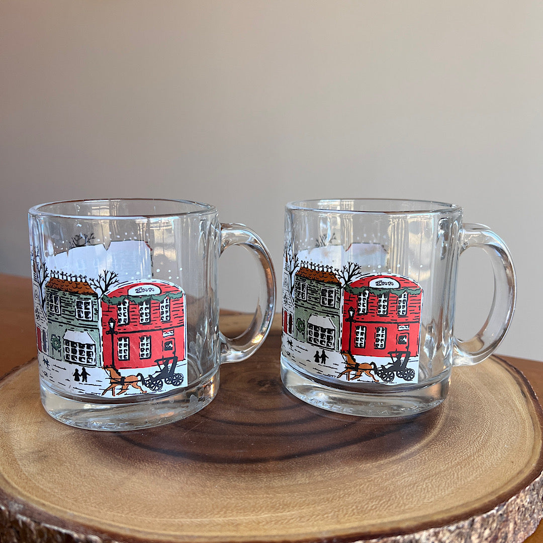 Vintage Christmas Town Glass Mugs (Set of 2)