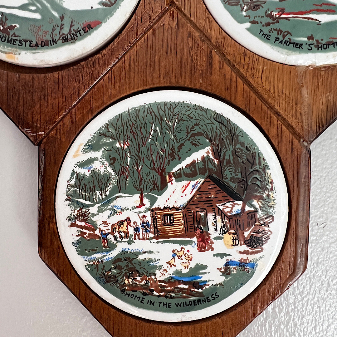 Vintage Currier & Ives Wooden Tile Outdoor Scenery Wall Hanging