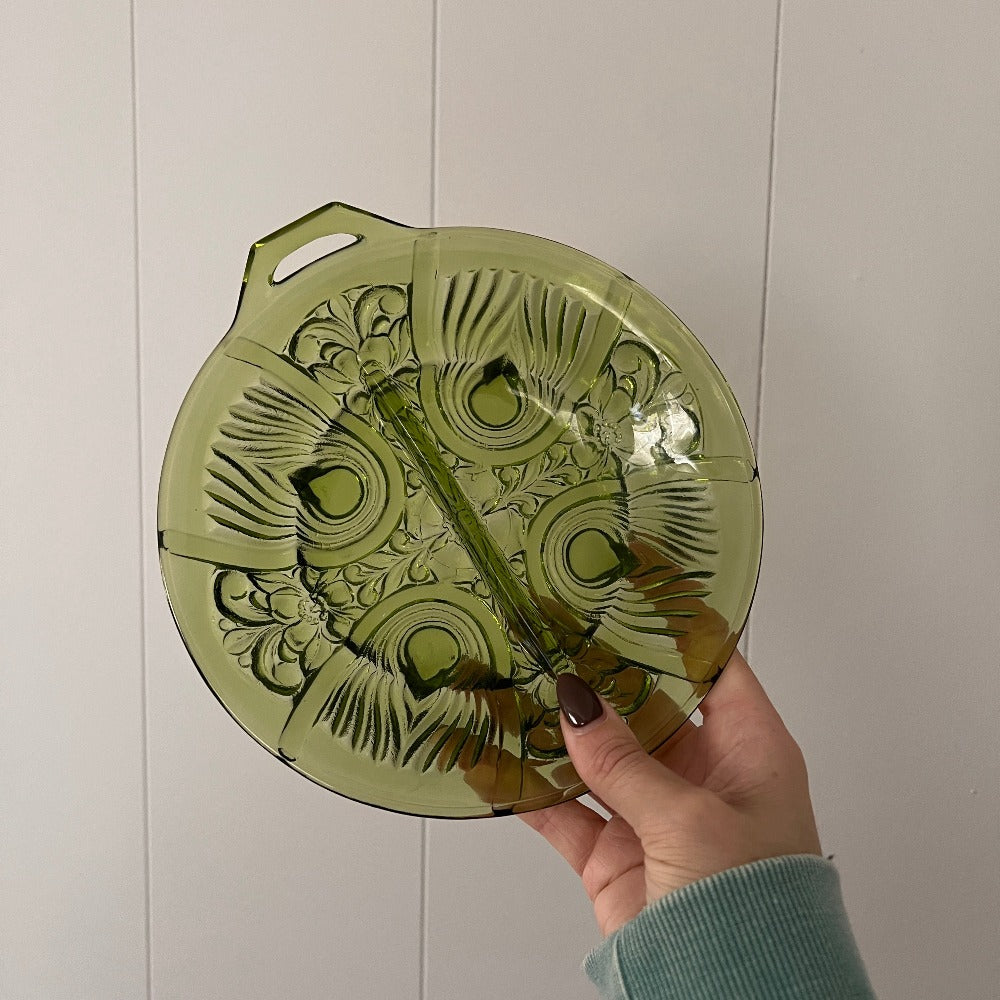 Vintage Green Glass Divided Dish