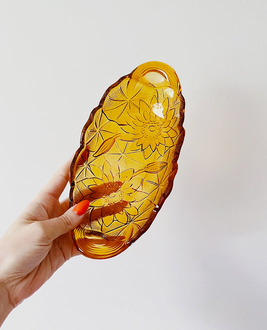 Vintage Amber Glass Floral Oval Dish