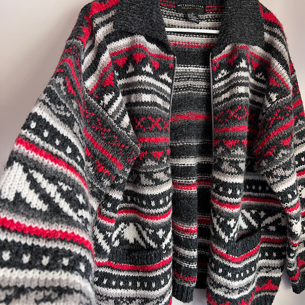 Vintage Patterned Zip Up Sweater