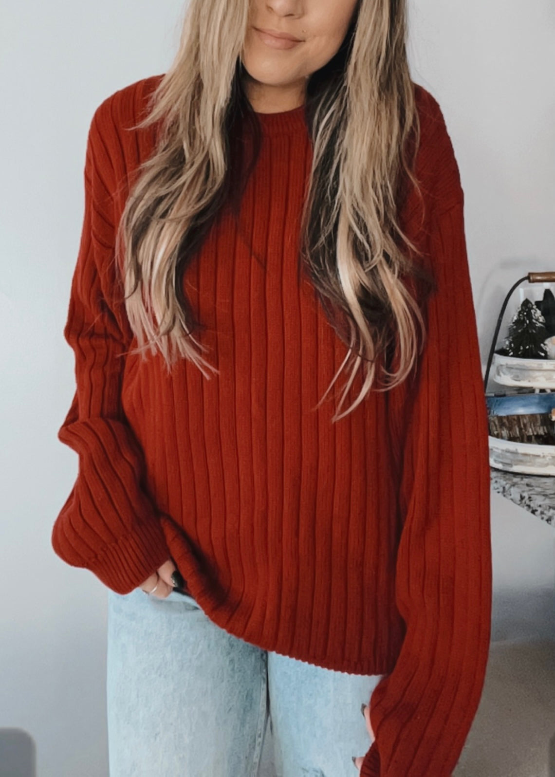 Red Stripe Knit Crewneck Sweater