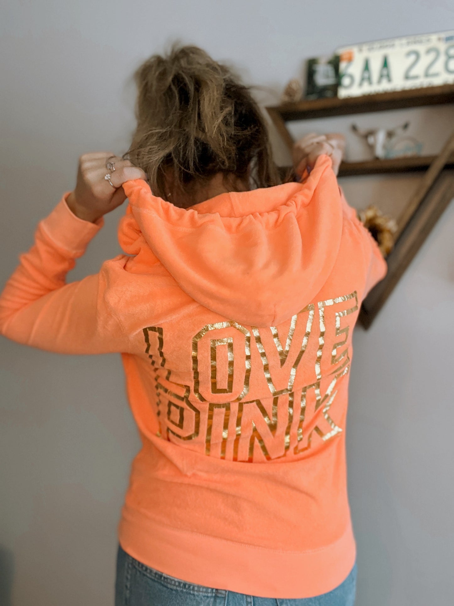 Vintage ('10) PINK Terry Zip Hoodie Neon Orange & Gold Foil