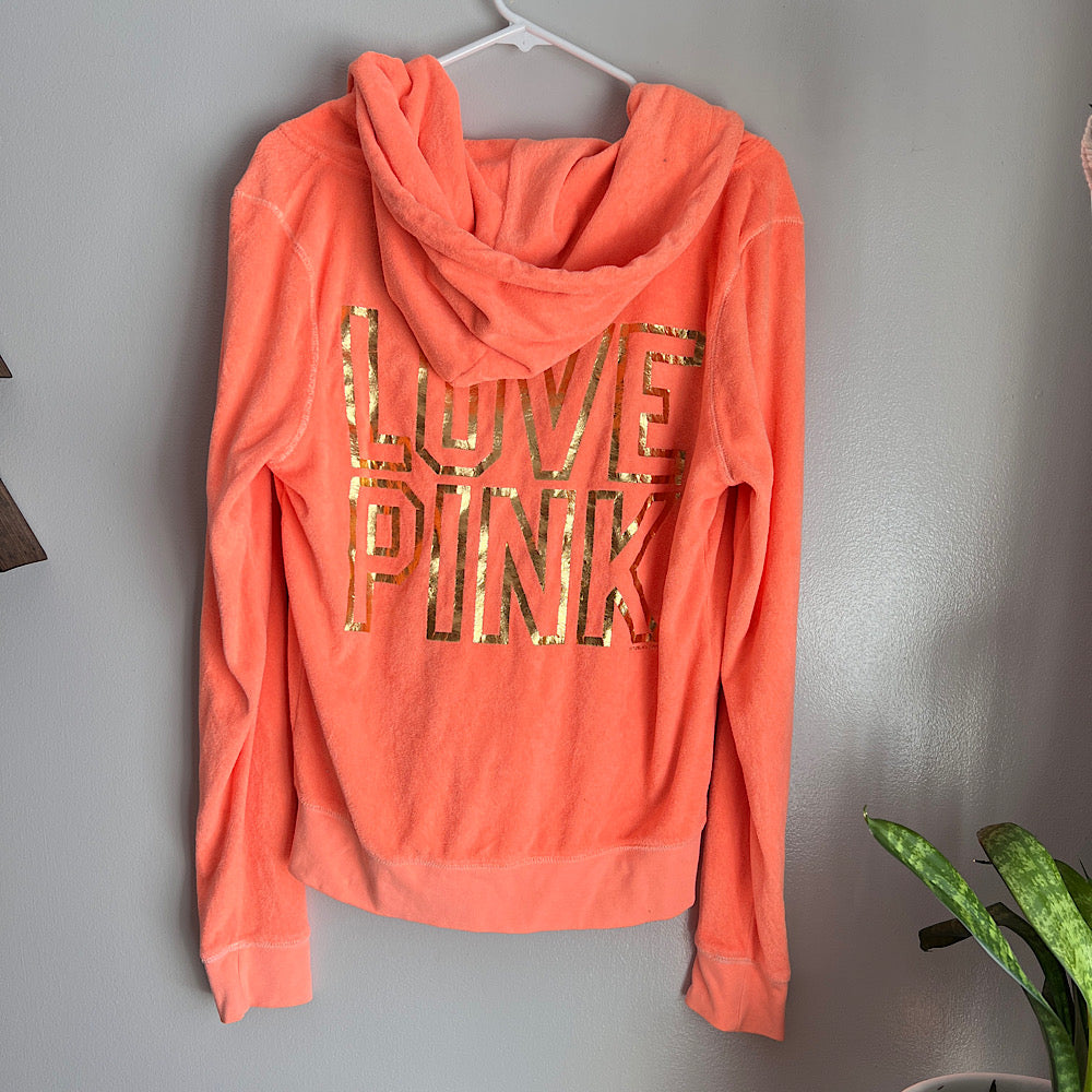 Vintage ('10) PINK Terry Zip Hoodie Neon Orange & Gold Foil