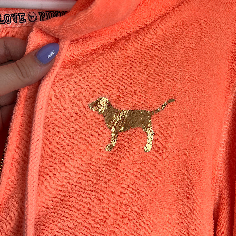 Vintage ('10) PINK Terry Zip Hoodie Neon Orange & Gold Foil