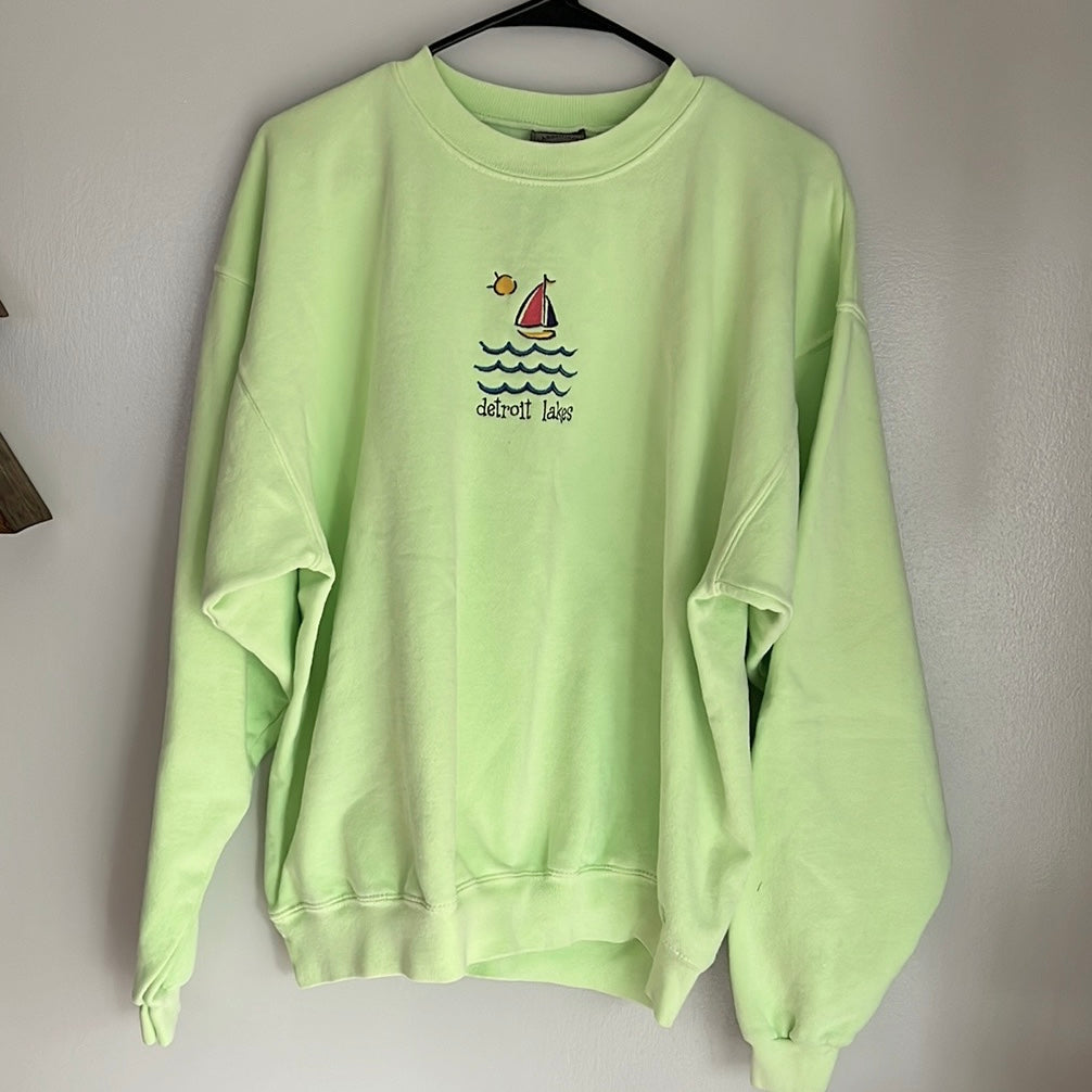 Detroit Lakes Bright Green Embroidered Crewneck Sweatshirt